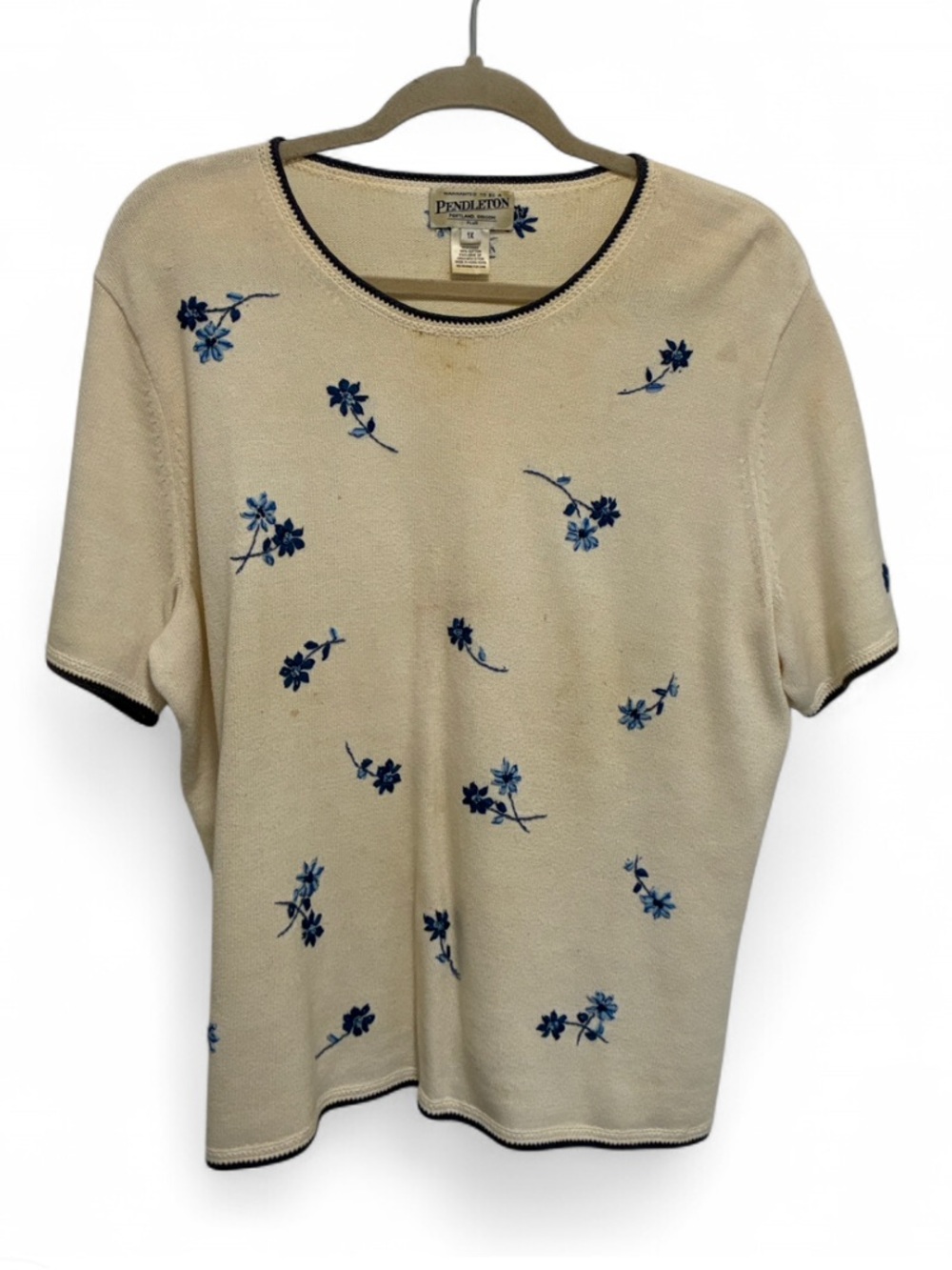 Vintage Pendleton Cream Short-Sleeve Sweater Top with Blue Floral Embroidery